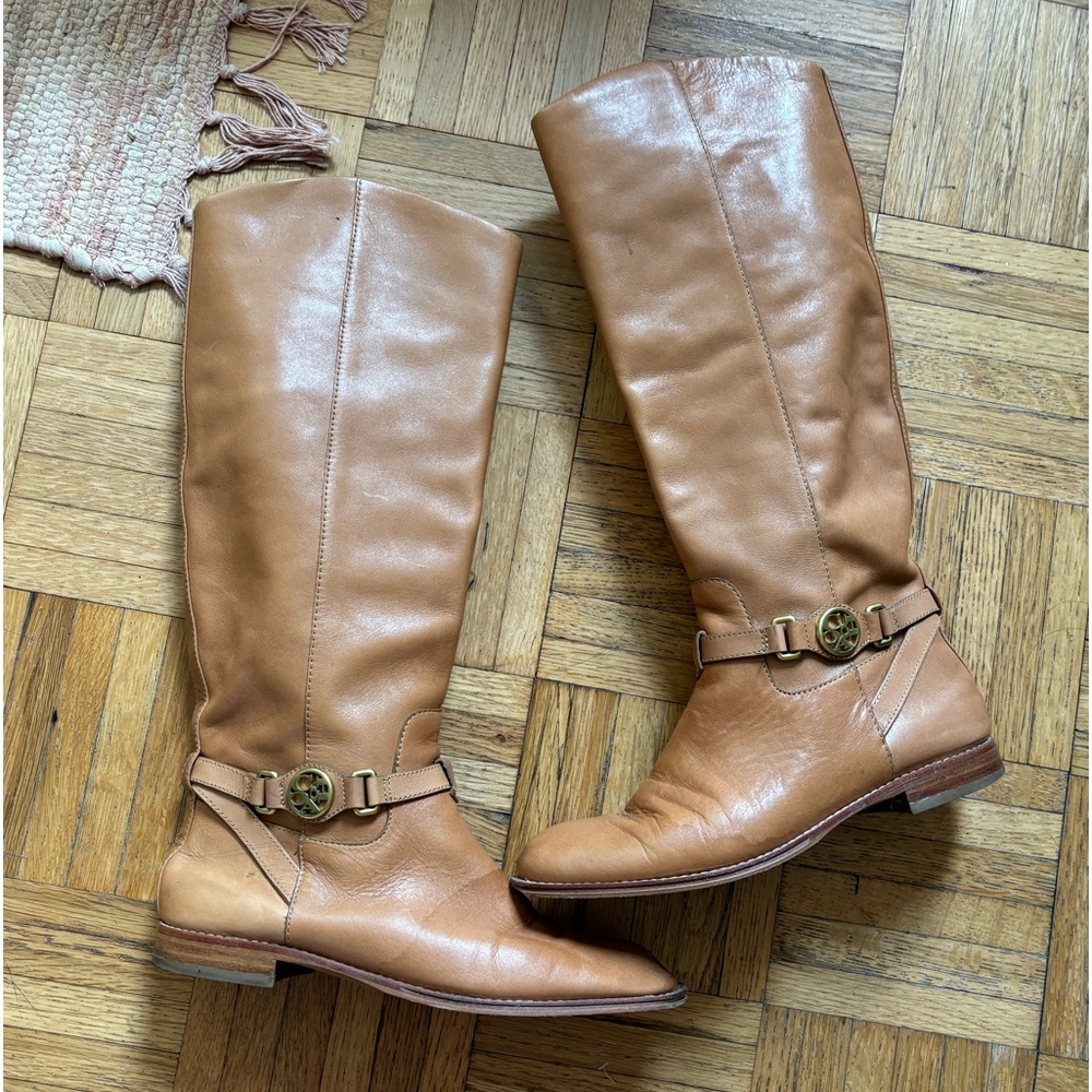 COACH Mysie Tan soft LEATHER Tall Riding Boots Zippers Cross Straps 7.5